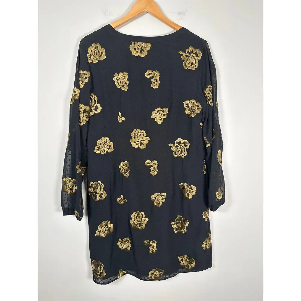 Cabi Occasion Dress Black Swiss Dot Gold Embroidery Long Sleeve Size Medium - Picture 5 of 10
